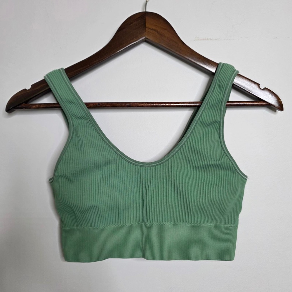 Aerie Crop‎ Top Women's L Large Green V-Neck Ribbed Seamless Bralette Sage
